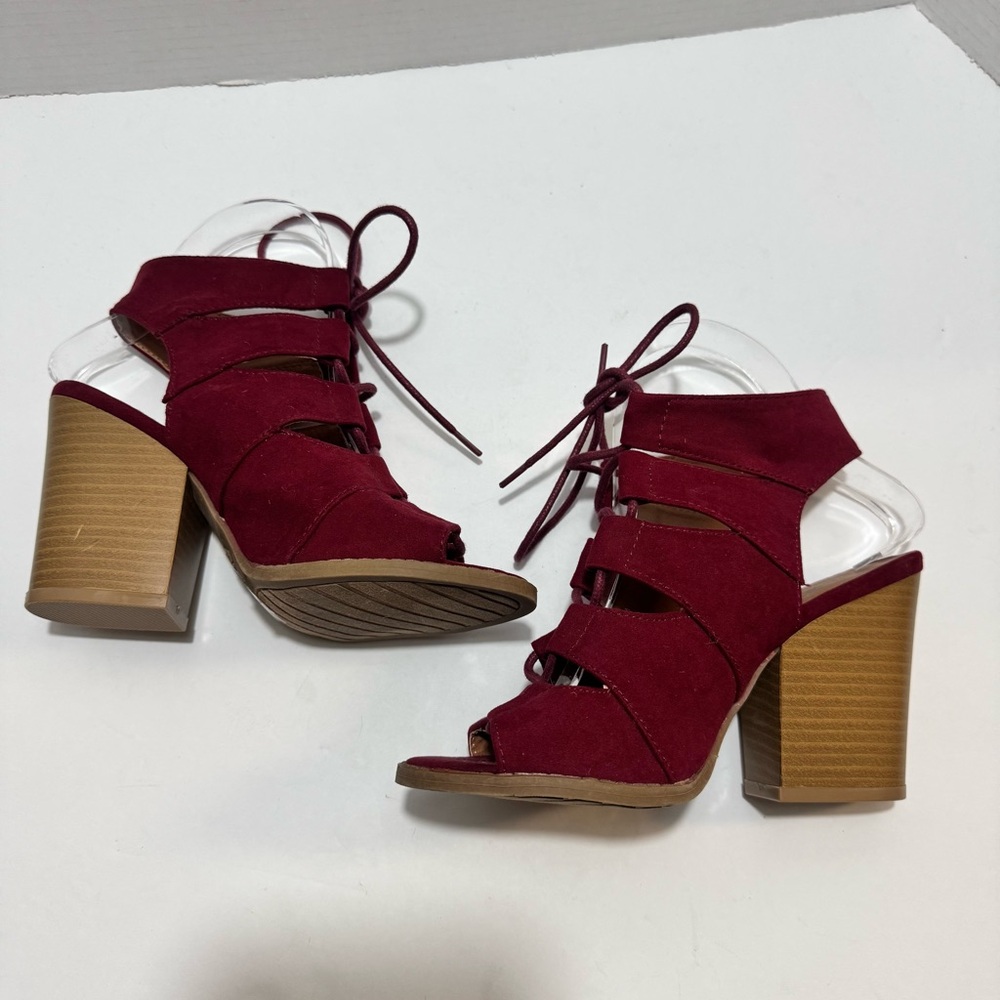 Qupid Burgundy‎ Lace-Up Block Heels